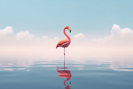 One flamingo standing peacefully alone in the water by cloudy sunset.の素材
