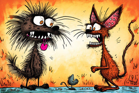 A cartoon version of the cat and dog, emotive body language, spiky mounds, frayed.の素材