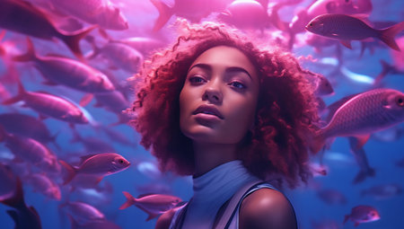 Surreal portrait of a woman submerged in a tranquil underwater scene with a shoal of fish.の素材