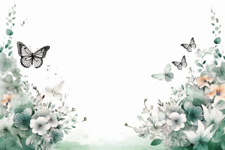Watercolor illustration of delicate flowers and a butterfly, conveying a sense of serene beauty in a dreamlike state.の素材