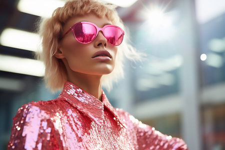 Half-lit portrait of a young woman with soft blonde curls, wearing a radiant sequin dress in shades of pink and red, complemented by a delicate bokeh effectの素材