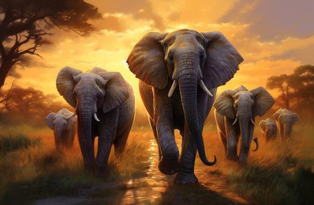 Artistic rendering of a family of elephants walking through the savannah at sunsetの素材
