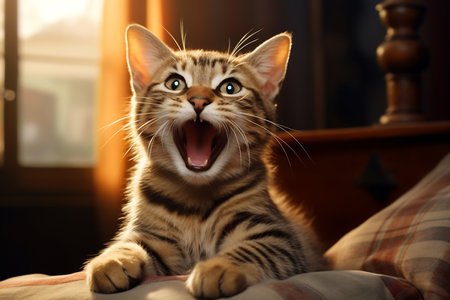 A cat with a wide open mouth as if laughing in a warm, sunlit roomの素材