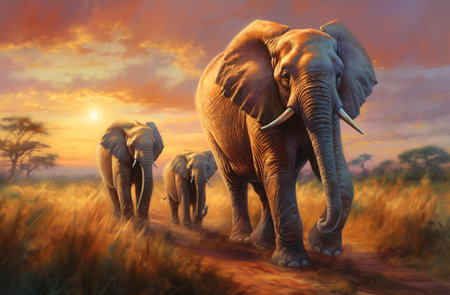 Artistic rendering of a family of elephants walking through the savannah at sunsetの素材