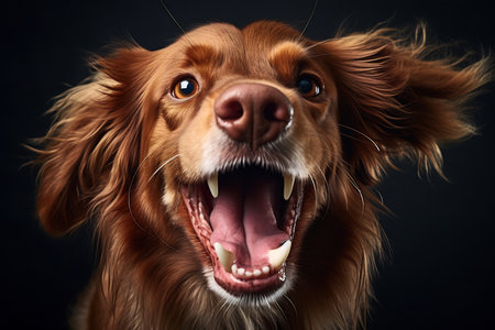 Close-up of a dog with eyes closed, seemingly laughing in joyの素材