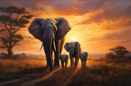 Artistic rendering of a family of elephants walking through the savannah at sunsetの素材