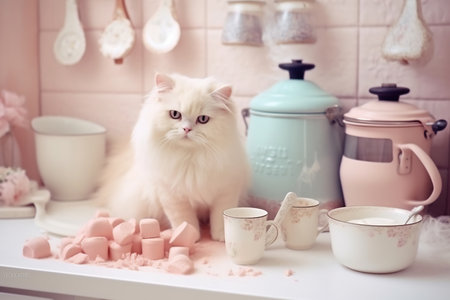 Close up of a domestic cat sitting in the kitchen. Cat relax at home. Soft pastel colors image.の素材