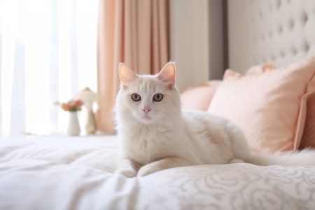 Close up of domestic cat lying on the bed in the bedroom. Cat relax on the bed at home. Soft pastel colors image.の素材