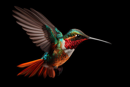 A stunning hummingbird with iridescent feathers spreads its wings against a dark backgroundの素材