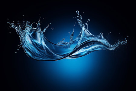 Crystal clear water splash with droplets against a deep blue backdropの素材