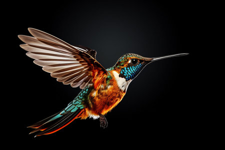 A stunning hummingbird with iridescent feathers spreads its wings against a dark backgroundの素材