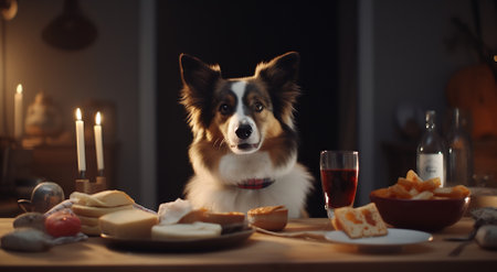 Intelligent Border Collie eyeing a spread of snacks, candlelit ambianceの素材