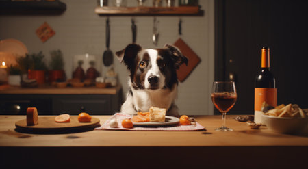 Intelligent Border Collie eyeing a spread of snacks, candlelit ambianceの素材