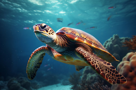 A vibrant sea turtle swims over a coral reef teeming with fish in clear blue waters.の素材