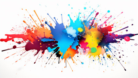 A burst of colorful paint splatters creates a dynamic abstract compositionの素材