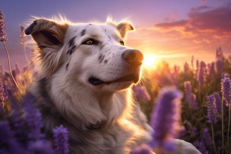 Merle dog with striking eyes amidst lavender blooms against a vivid sunsetの素材