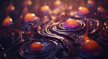 Fantasy 3D rendering of glowing, bioluminescent plant-like structures on an otherworldly dark surfaceの素材