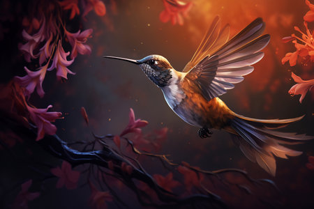 A vivid hummingbird hovers near flowers, wings ablaze with colorの素材
