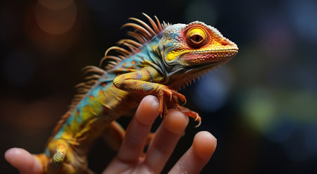 A majestic chameleon with a kaleidoscope of colors sits on a human finger, its intricate eye patterns captivating onlookers.の素材