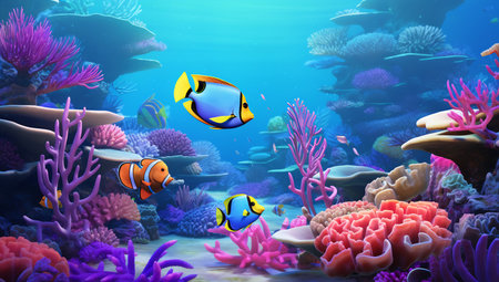 A captivating scene of a colorful tropical fish and its companions in a lively coral reef ecosystemの素材