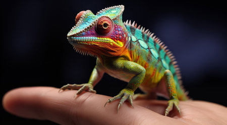 A majestic chameleon with a kaleidoscope of colors sits on a human finger, its intricate eye patterns captivating onlookers.の素材