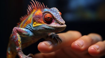 A majestic chameleon with a kaleidoscope of colors sits on a human finger, its intricate eye patterns captivating onlookers.の素材