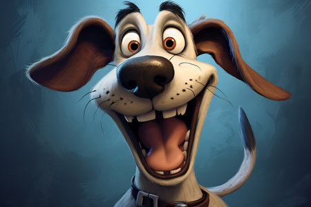 A cartoon dog with oversized ears and a wide, joyful grin, illustrated in vibrant detail against a blue backgroundの素材