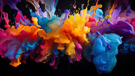 Vivid paint splashes in mid-air creating a dynamic abstract display on a dark background.の素材