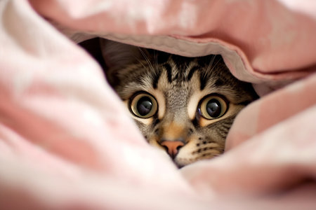 Adorable kitten with wide eyes peeking out from cozy pink blankets.の素材
