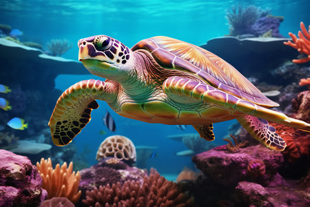 A vibrant sea turtle swims gracefully in a sunlit ocean, surrounded by tropical fish.の素材