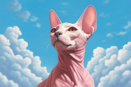 A hairless Sphynx cat gazes upward, framed by a soft blue sky dotted with fluffy white clouds.の素材