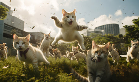 A dynamic photograph captures multiple white cats in mid-leap over a grassy field with wildflowersの素材