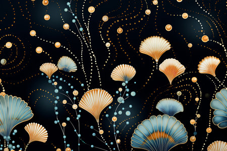 Stylized illustration of seashells interconnected by dotted lines against a dark background, evoking an underwater networkの素材