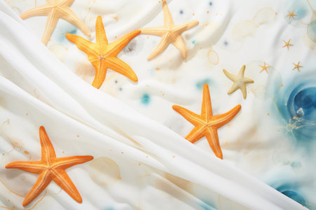 Colorful fabric with starfish and sand dollar prints, abstract bubbles, and swirlsの素材
