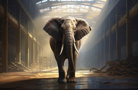 A magnificent elephant strides confidently across a glossy floor, bathed in sunlight filtering through an ornate hallの素材