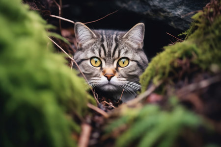 Alert American Shorthair cat camouflaged among green foliage, eyes locked in a focused stare.の素材