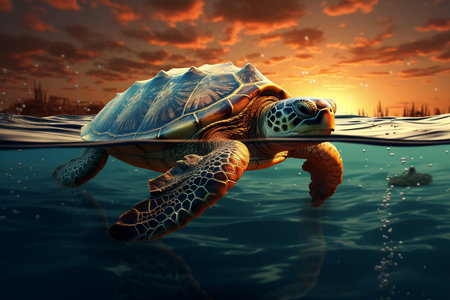 Sea turtle swimming near water's surface at dusk, silhouetted against a dramatic sunset sky.の素材