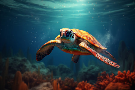 Graceful sea turtle gliding through ocean waters, illuminated by sunlight.の素材