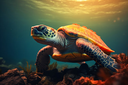 Graceful sea turtle gliding through ocean waters, illuminated by sunlight.の素材