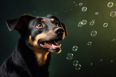 A dog gazes at soap bubbles against a dark background, highlighting its striking eyesの素材