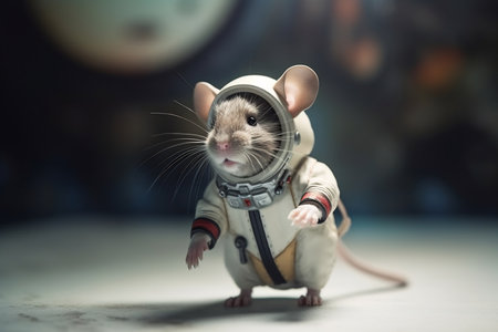 Mouse astronaut in a space suit. Mouse with black eyes, nice, sweet animal, small nose. Colorful. Photo realistic, concept art, cinematic light.の素材