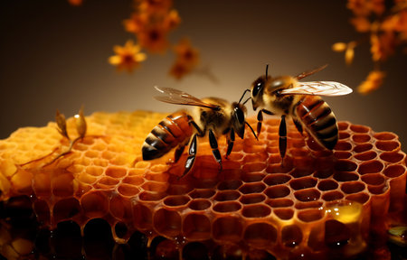 A honeybees diligently works on honeycomb, set against a warm, bokeh background.の素材