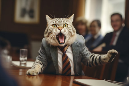 A cat in a suit humorously speaks at a board meetingの素材