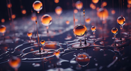Close-up of vibrant orange liquid drops suspended above dark reflective water surface.の素材
