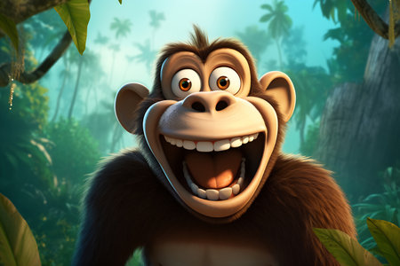 An animated monkey with a beaming smile, nestled in a sunlit jungle environmentの素材