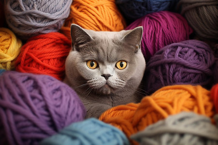 British Shorthair cat hiding in multicolored balls yarn balls. Little curious kitten looking at the camera.の素材