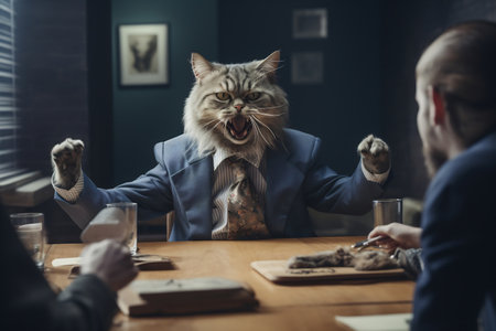 A cat in a suit humorously speaks at a board meetingの素材