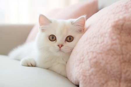 Close up of domestic cat lying on the sofe in the livingroom. Cat relax on the bed at home. Soft pastel colors image.の素材