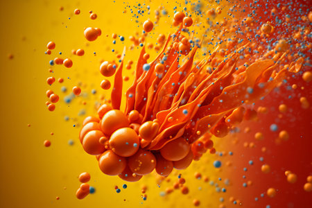 A close-up of a ball with orange liquid splashing.の素材