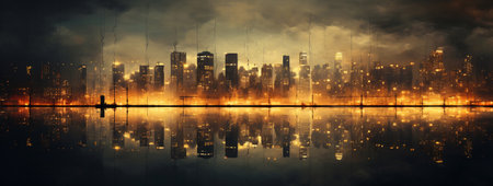 A surreal urban scene where a city's glittering lights are mirrored in waterの素材